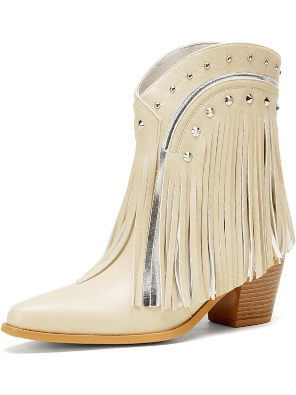 Women's Beige Sparkly Rhinestone Fringe Tassels Western Ankle Short Heeled Boots